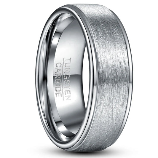 Brushed silver Tungsten men's ring with polished stepped edges, angled view