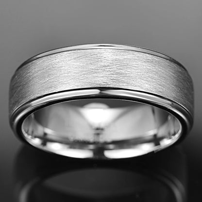 Brushed silver Tungsten men's ring with polished stepped edges, front view