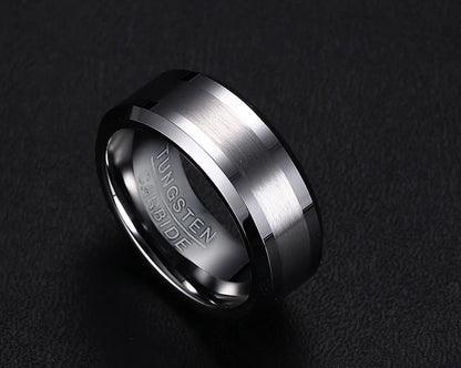 Brushed Tungsten ring, with a central matte finish that diffuses light.