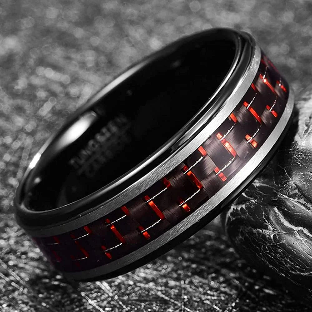 Carbon fiber ring in black Tungsten with stepped edges.