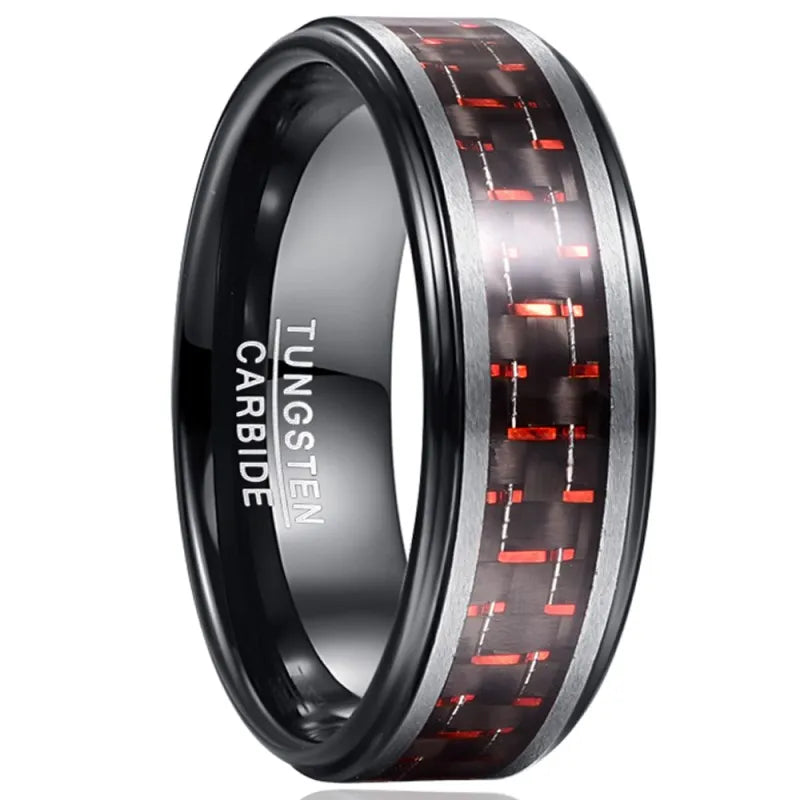 Carbon fiber wedding ring in polished Tungsten, featuring black and red carbon fiber inlay.