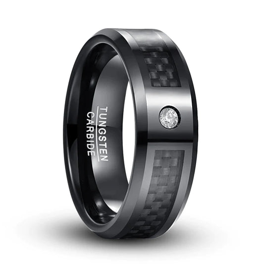 Carbon fibre wedding ring, featuring a black band with carbon inlay.
