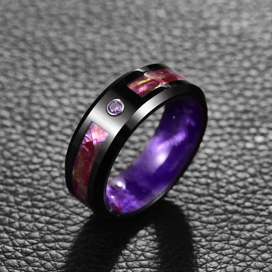 Colored gem wedding rings, featuring a purple gemstone centerpiece.