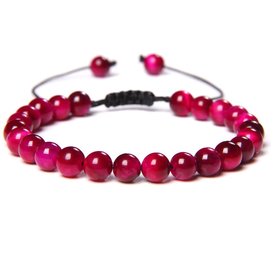 Bracelet Oeil de Tigre Cerise sur Corde Ajustable