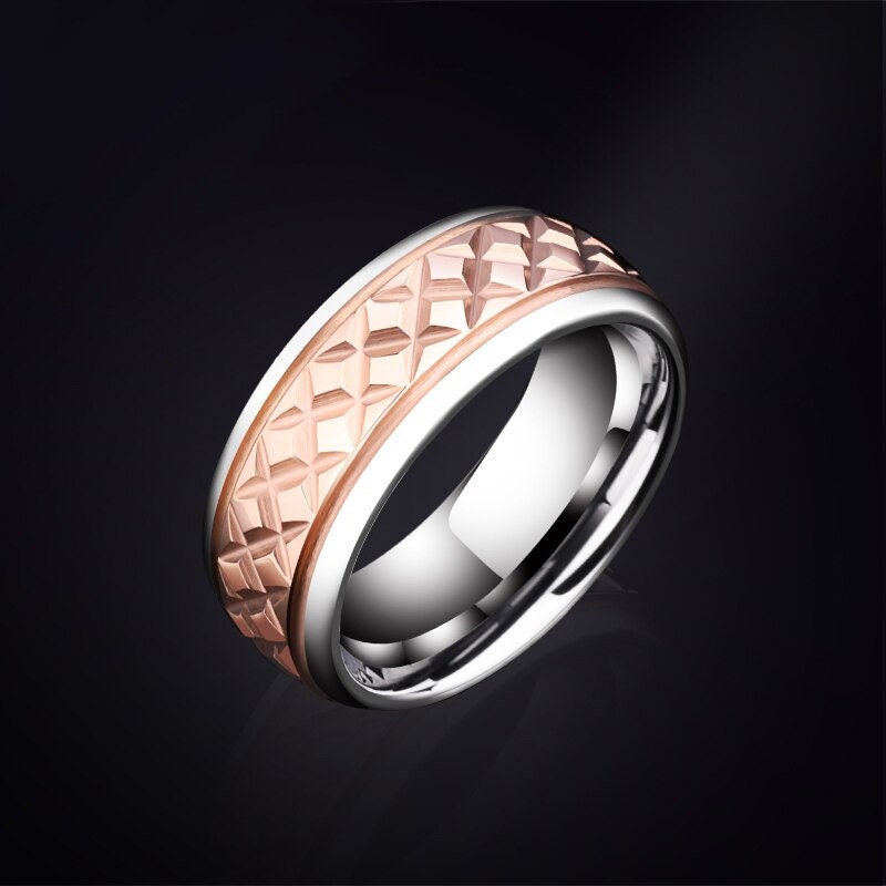 Diamond pattern ring in silver Tungsten, with rose gold accents and comfort fit.