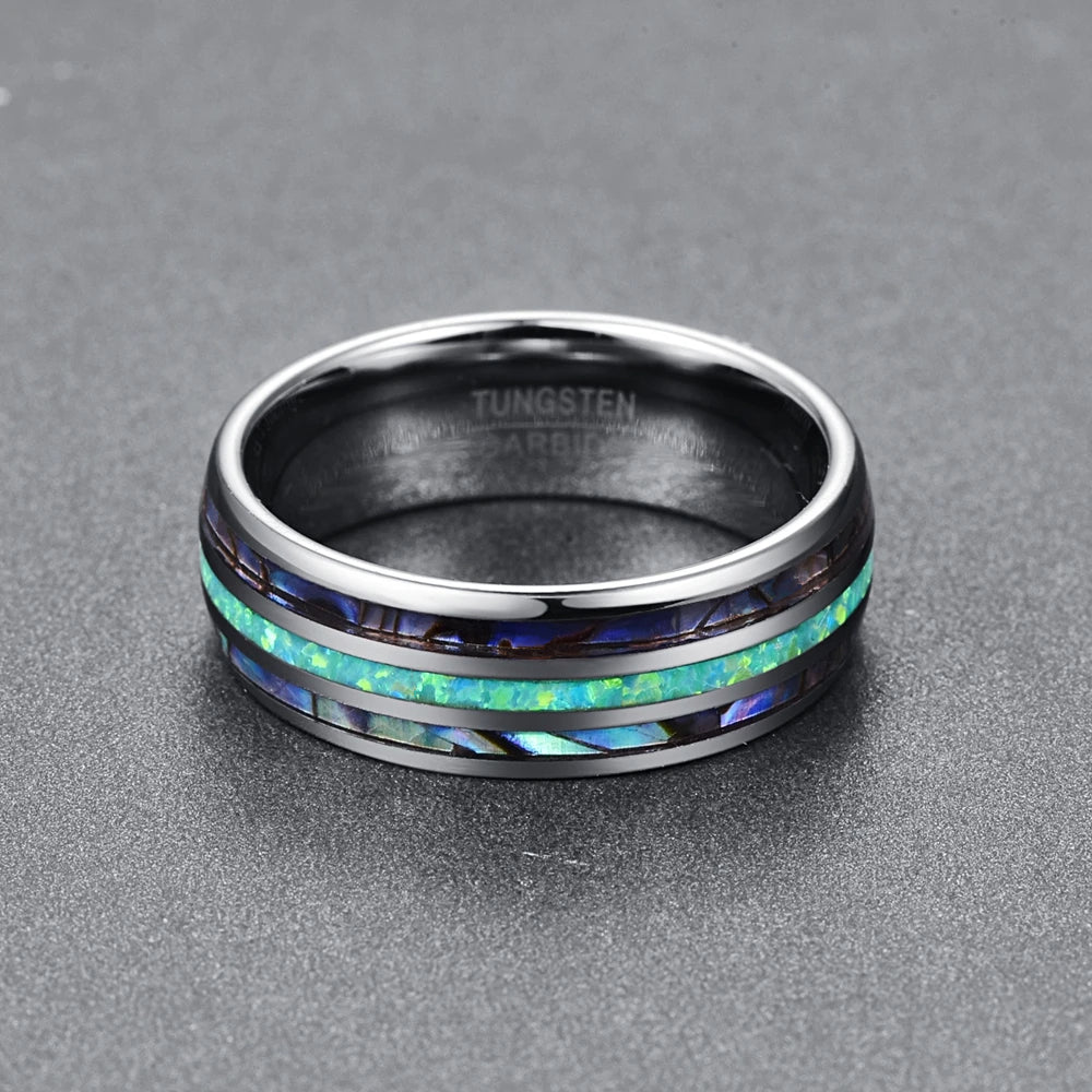 Fire opal mens ring designed with a domed 8mm silver Tungsten band.