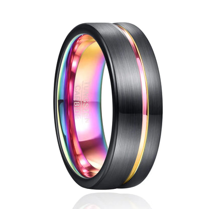 Gay marriage wedding bands, crafted from black and rainbow Tungsten.