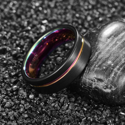 Gay pride jewelry in the form of a Tungsten ring with iridescent inlay.