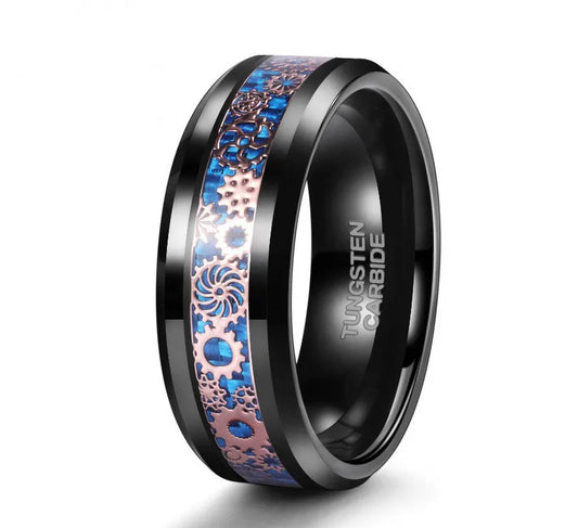 Gear rings jewelry – black Tungsten ring with gear inlay over blue carbon fiber.