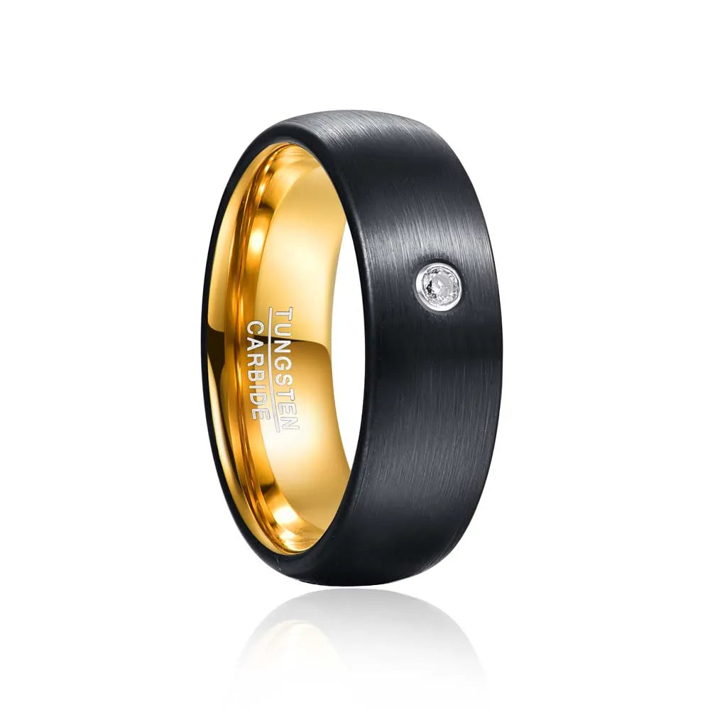 Gold and black Tungsten men’s ring with flush-set cubic zirconia stone, upright view showing polished gold interior