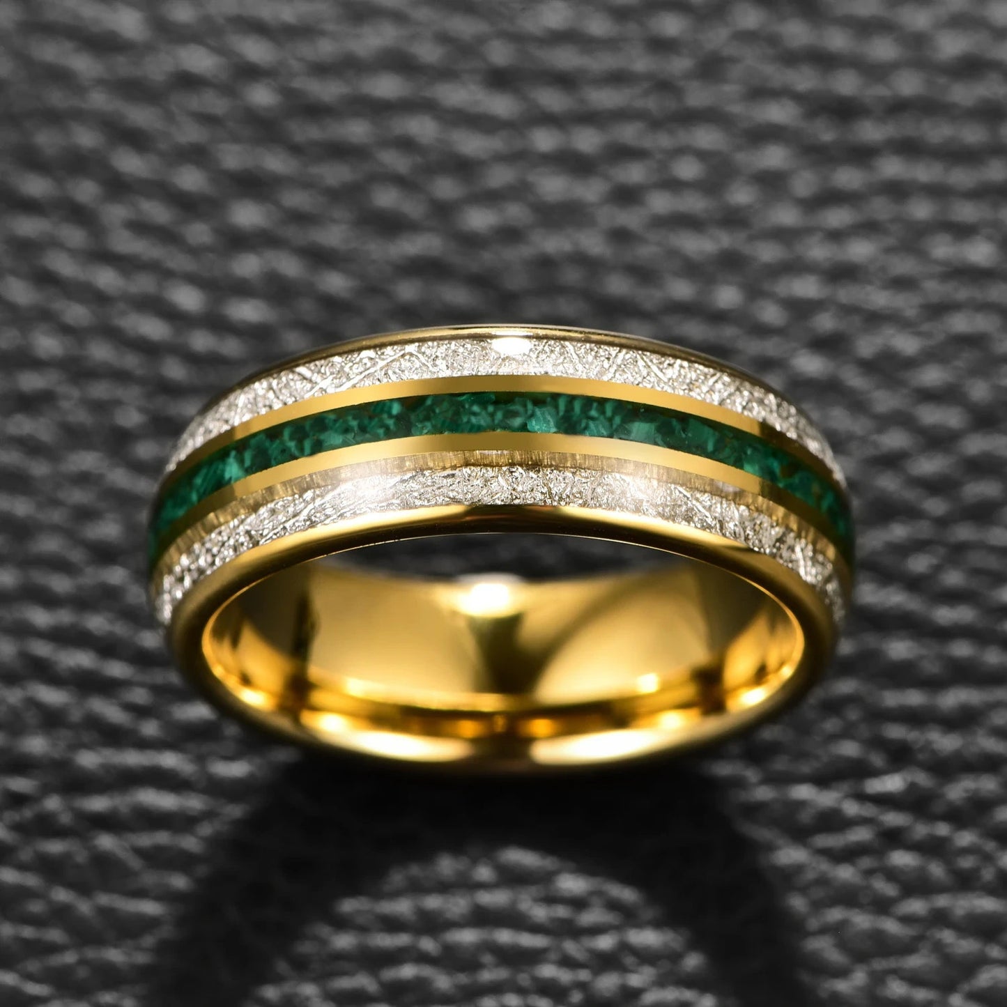 Gold Tungsten men's ring with crushed malachite and genuine Gibeon meteorite inlays, front view