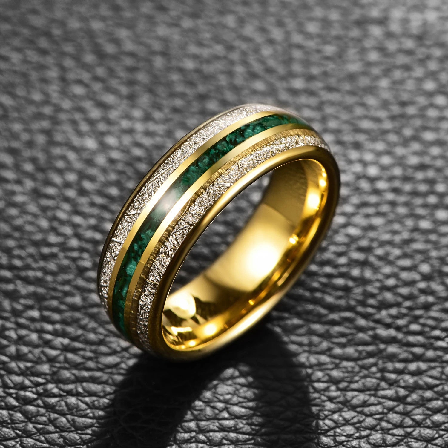 Gold Tungsten men's ring with crushed malachite and genuine Gibeon meteorite inlays, top view