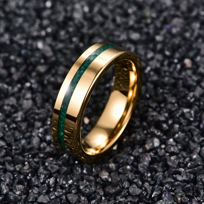 Gold Tungsten men’s ring with crushed malachite inlay, angled view (6mm)