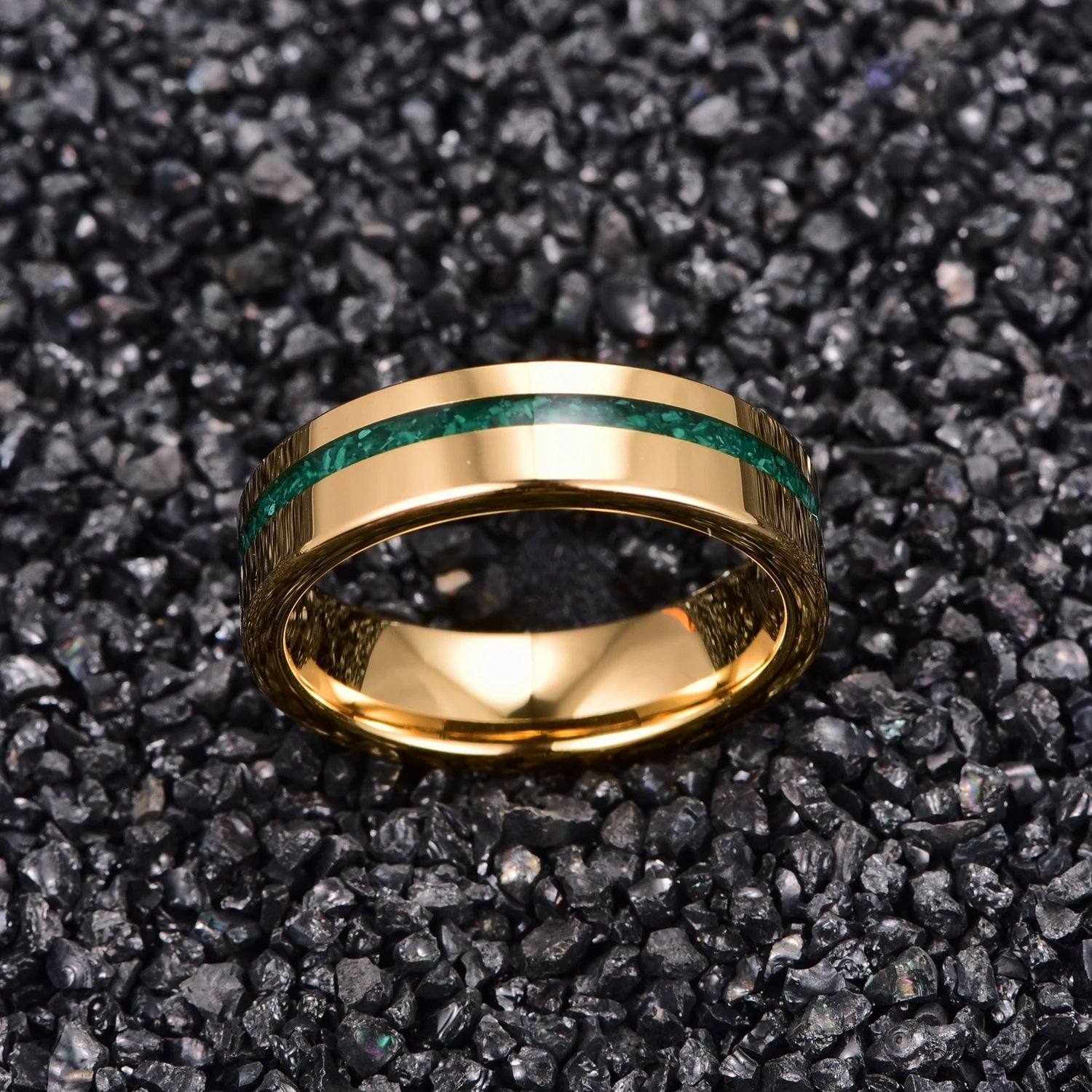 Gold Tungsten men’s ring with crushed malachite inlay, top view (6mm)