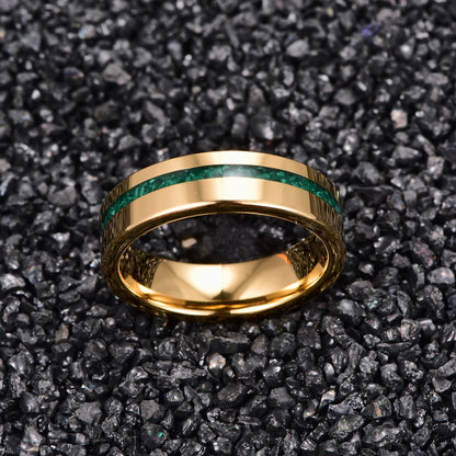 Gold Tungsten men’s ring with crushed malachite inlay, top view (6mm)