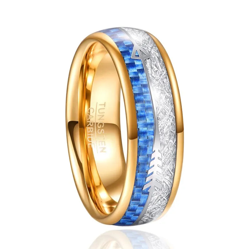 Gold tungsten ring with meteorite and blue carbon fiber inlay featuring an arrow design