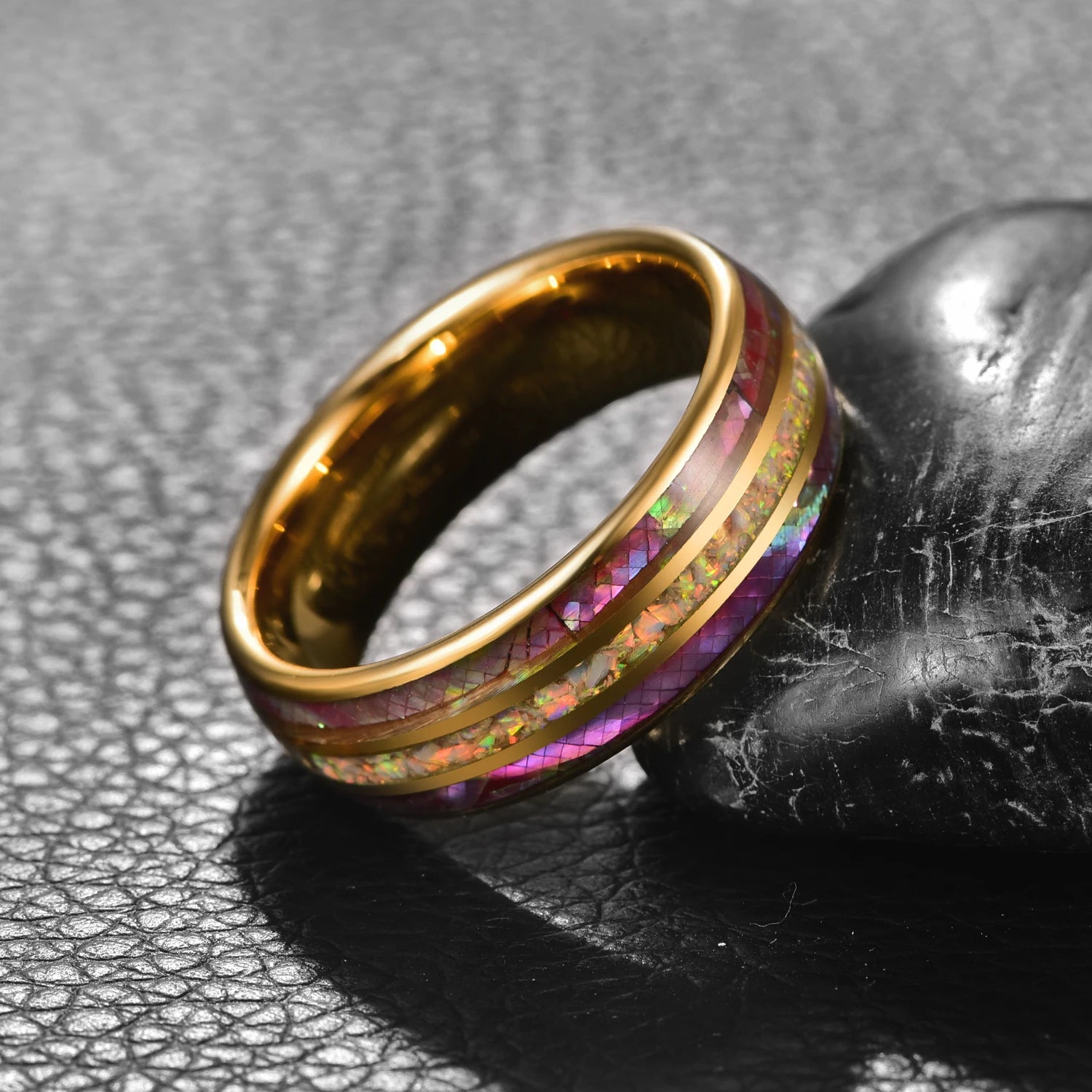 Gold Tungsten ring with opal and rainbow abalone shell inlay, domed band