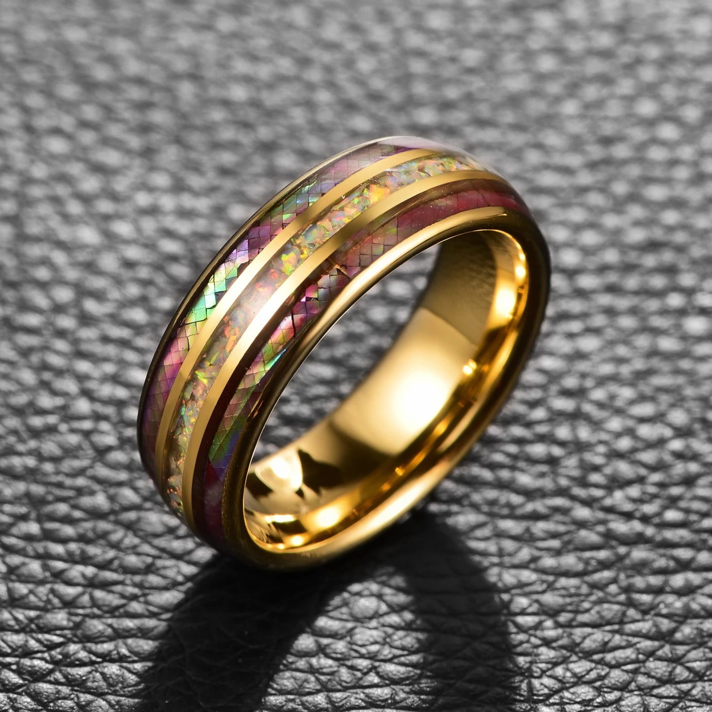 Gold Tungsten ring featuring fire opal and abalone inlay, comfort-fit design