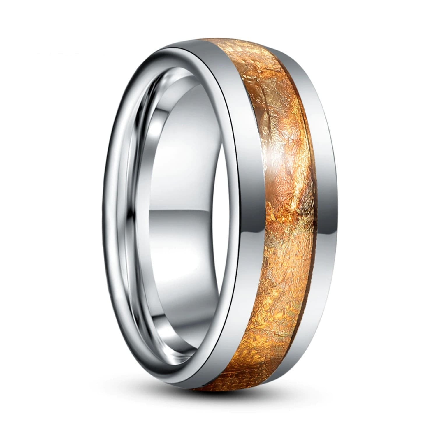 Gold inlay ring crafted from Tungsten, shown on white background.