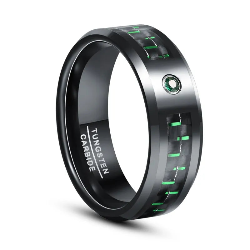 Green carbon fiber inlay Tungsten men's ring with cubic zirconia stone, 8mm beveled edge.