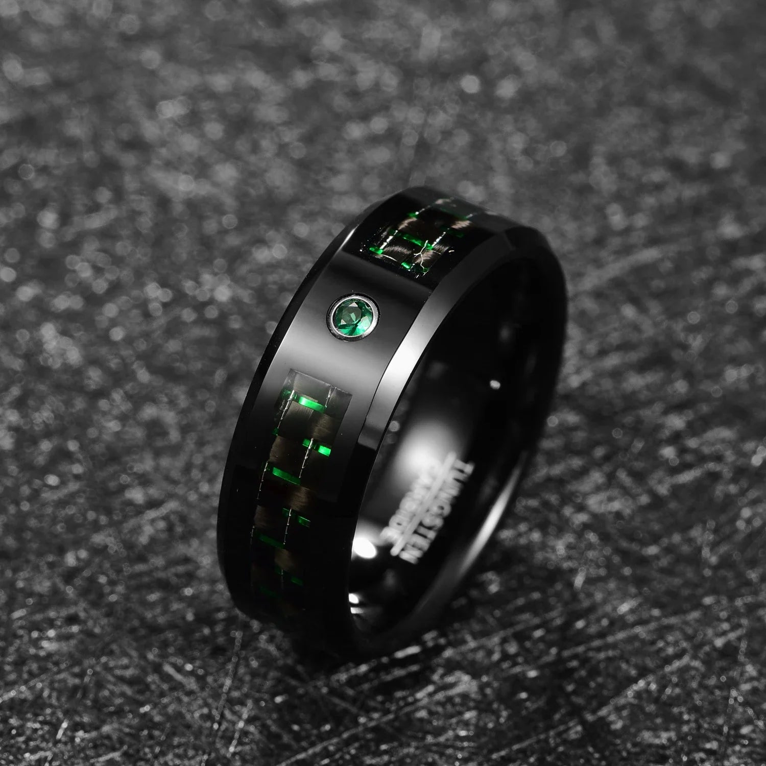 Green carbon fiber ring, made with a black Tungsten band.