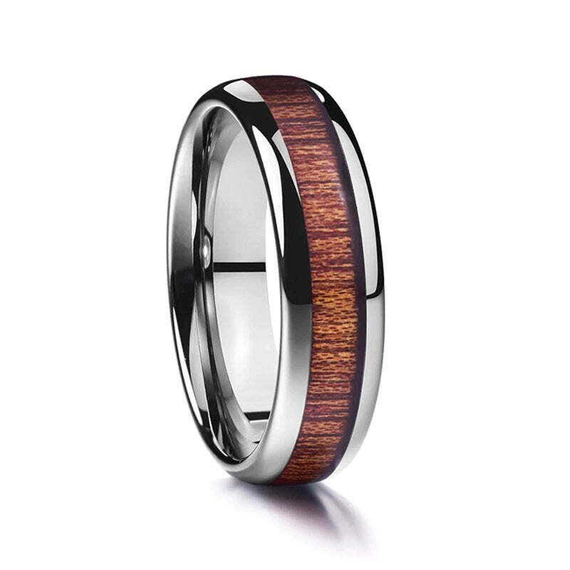 Hawaiian koa wood wedding bands with polished silver Tungsten and rounded edges, displayed on white background.