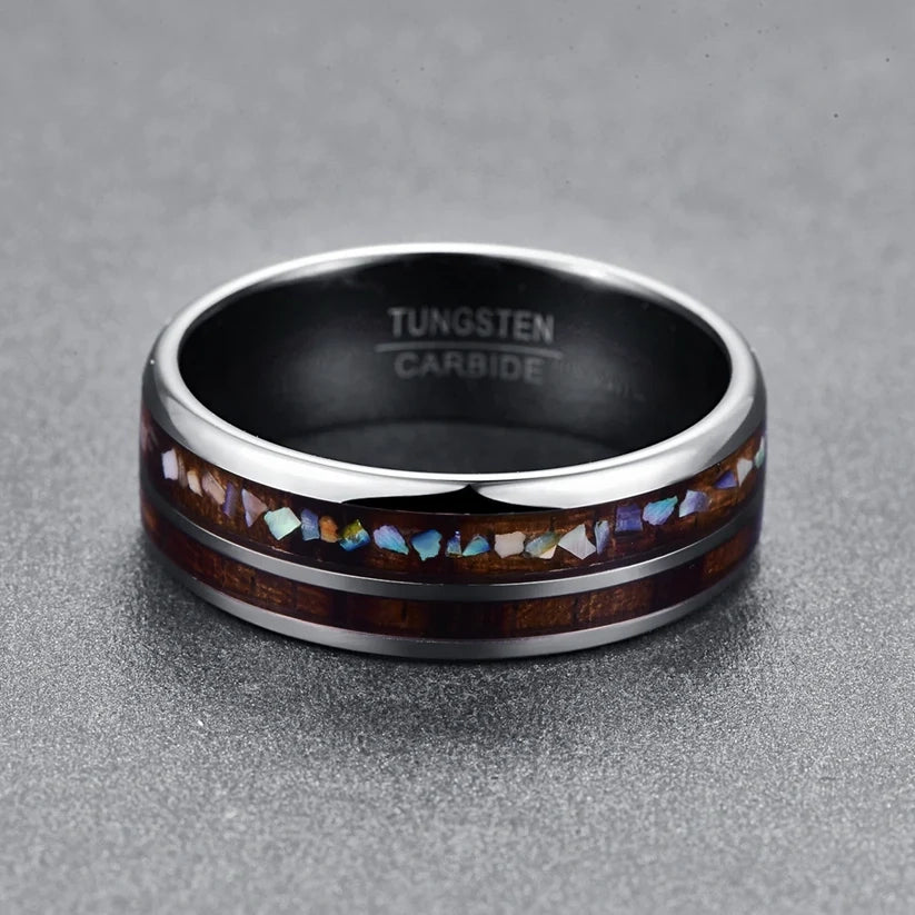 Hawaiian wedding band ring crafted with Tungsten, inlaid with coconut wood and abalone shell.