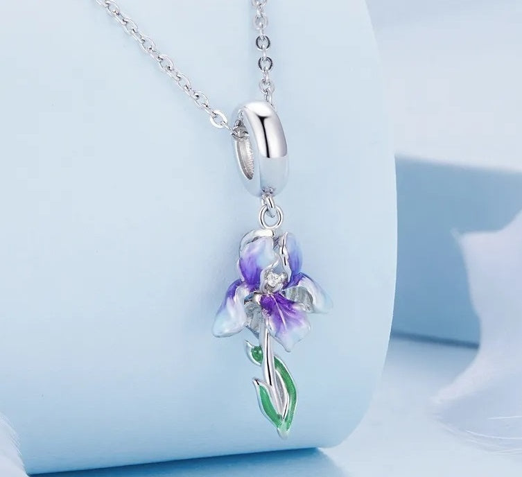 Iris necklace in 925 sterling silver with a purple and white flower pendant and green enamel leaves.
