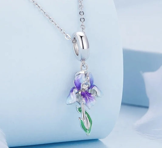 Iris necklace in 925 sterling silver with a purple and white flower pendant and green enamel leaves.
