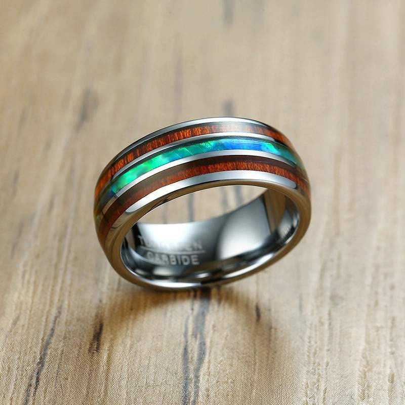 Koa wood Tungsten ring featuring abalone shell inlay, 8mm domed band, comfort fit.