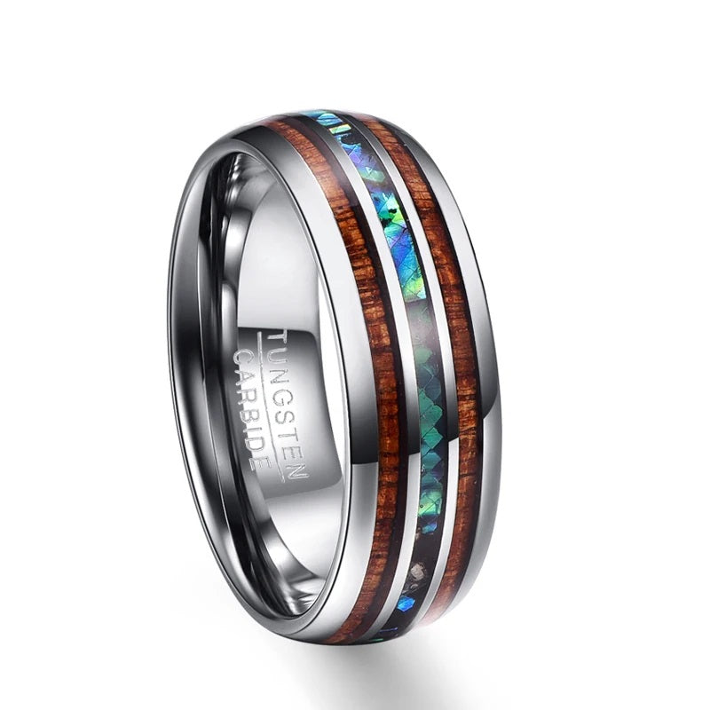 Koa wood engagement ring with abalone shell inlay, silver Tungsten comfort fit band.