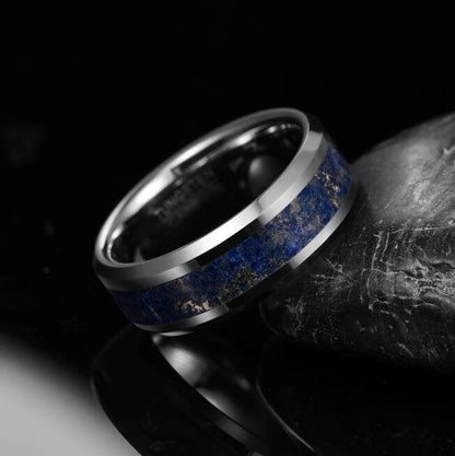 Ring featuring a polished silver Tungsten band and natural Lapis inlay, crafted for comfort with a beveled edge.