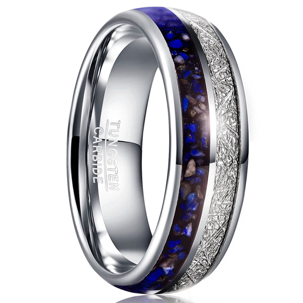 Lapis Lazuli men's jewelry piece with a domed silver Tungsten band and meteorite inlay.