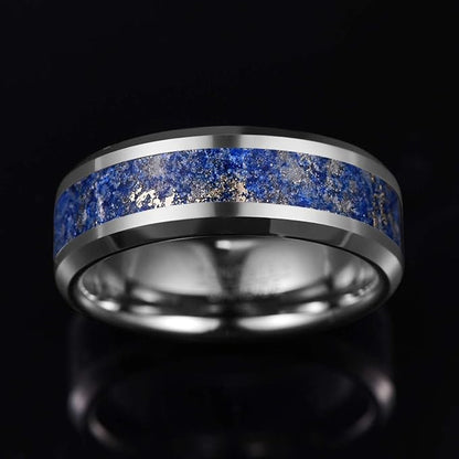 Lapis Lazuli ring with 8mm beveled silver Tungsten band.