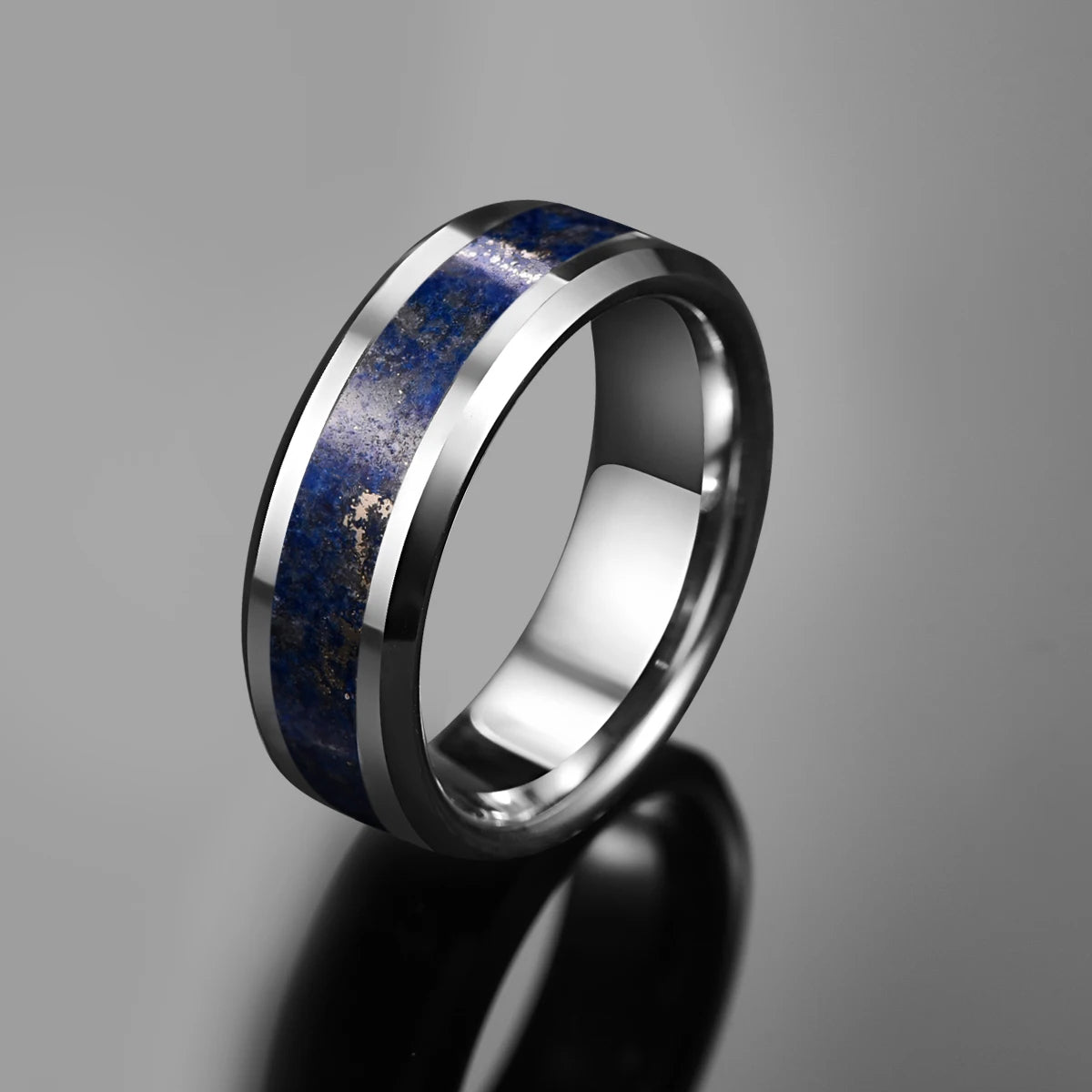 Lapis Lazuli wedding ring with a silver Tungsten band and Lapis Lazuli inlay.