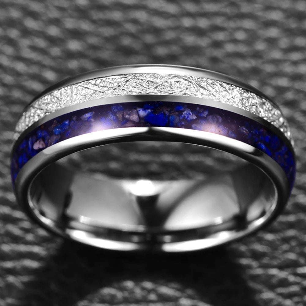 Lapis ring featuring a Tungsten band inlaid with Gibeon meteorite and Lapis Lazuli.