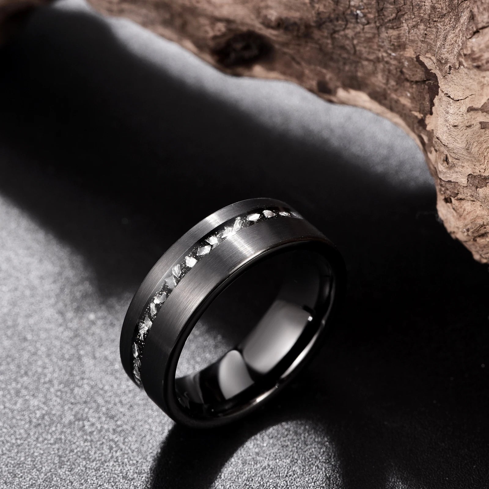 Black Tungsten ring with meteorite and crushed black sandstone inlay, flat edge design