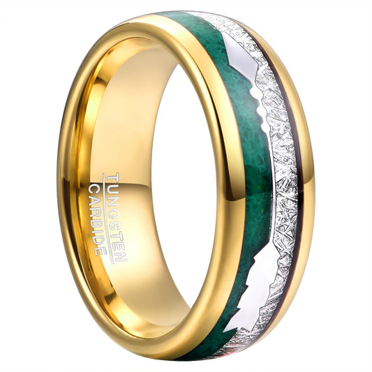 Malachite ring mens featuring a yellow gold Tungsten band.