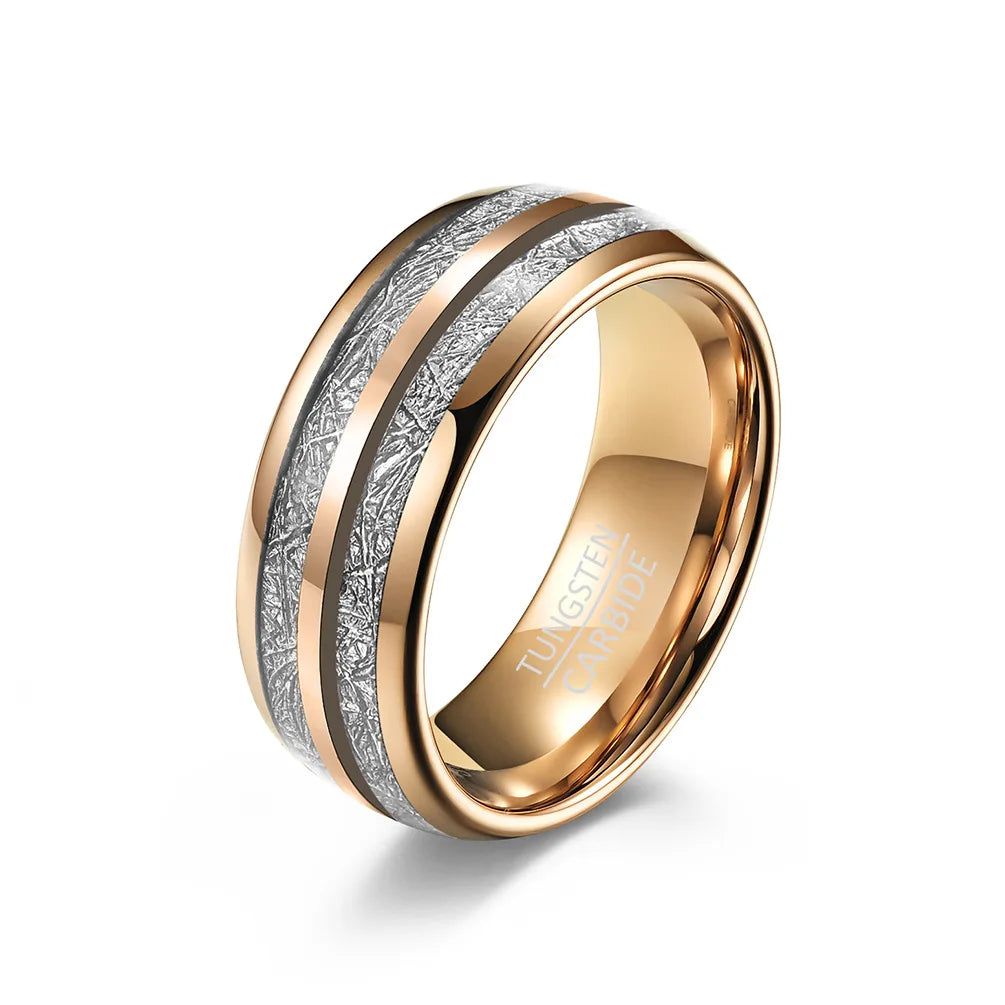 Men's 8mm rose gold Tungsten meteorite inlay wedding band