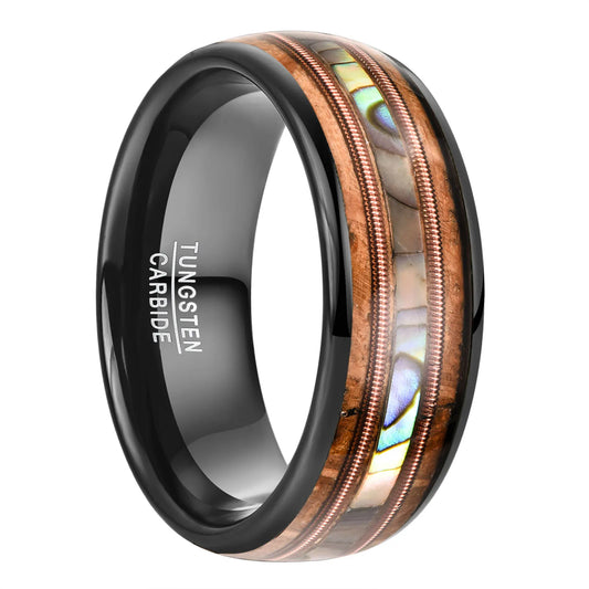 Men’s 8mm black tungsten ring with a domed design, inlaid with abalone shell, acacia wood, and rose gold guitar strings for a striking, nature-inspired aesthetic.