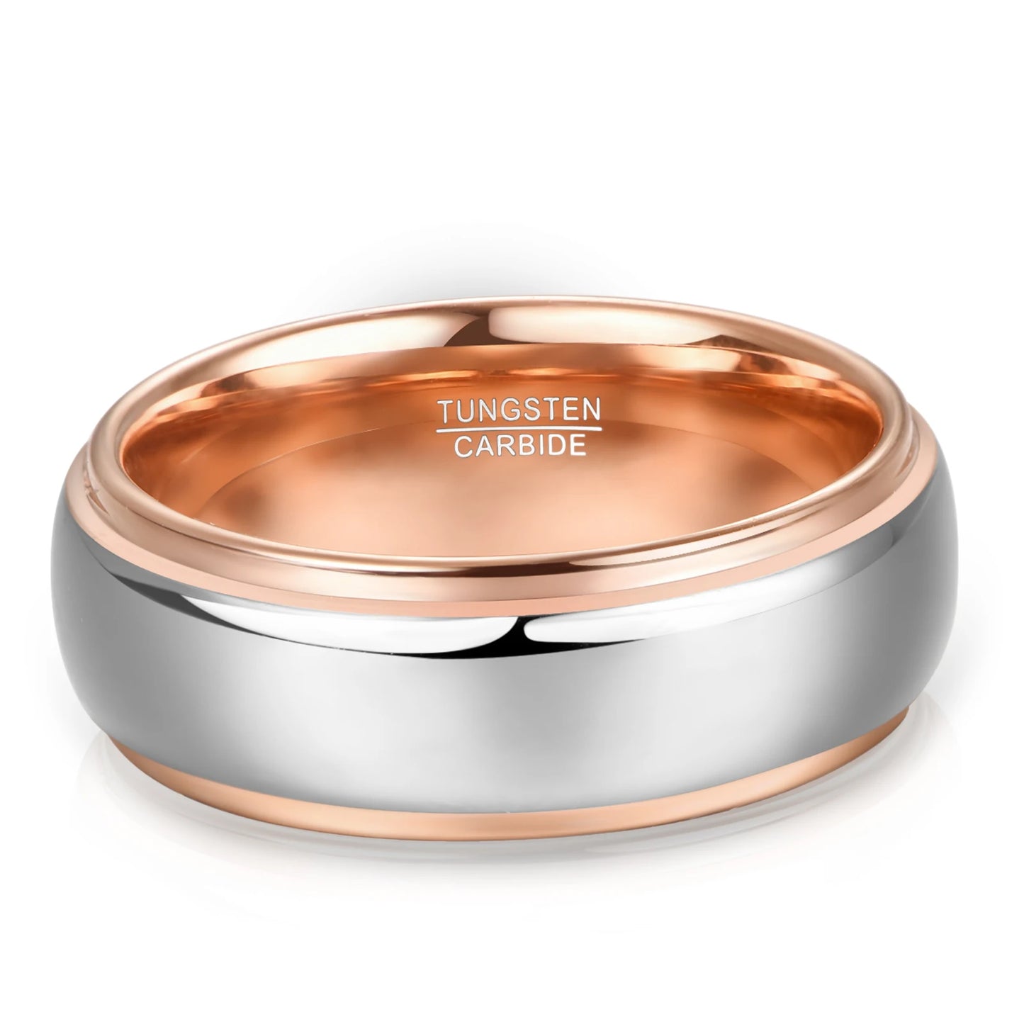 8mm men’s dual-tone tungsten wedding band featuring a rose gold and silver design with a polished domed shape and sleek stepped edges.