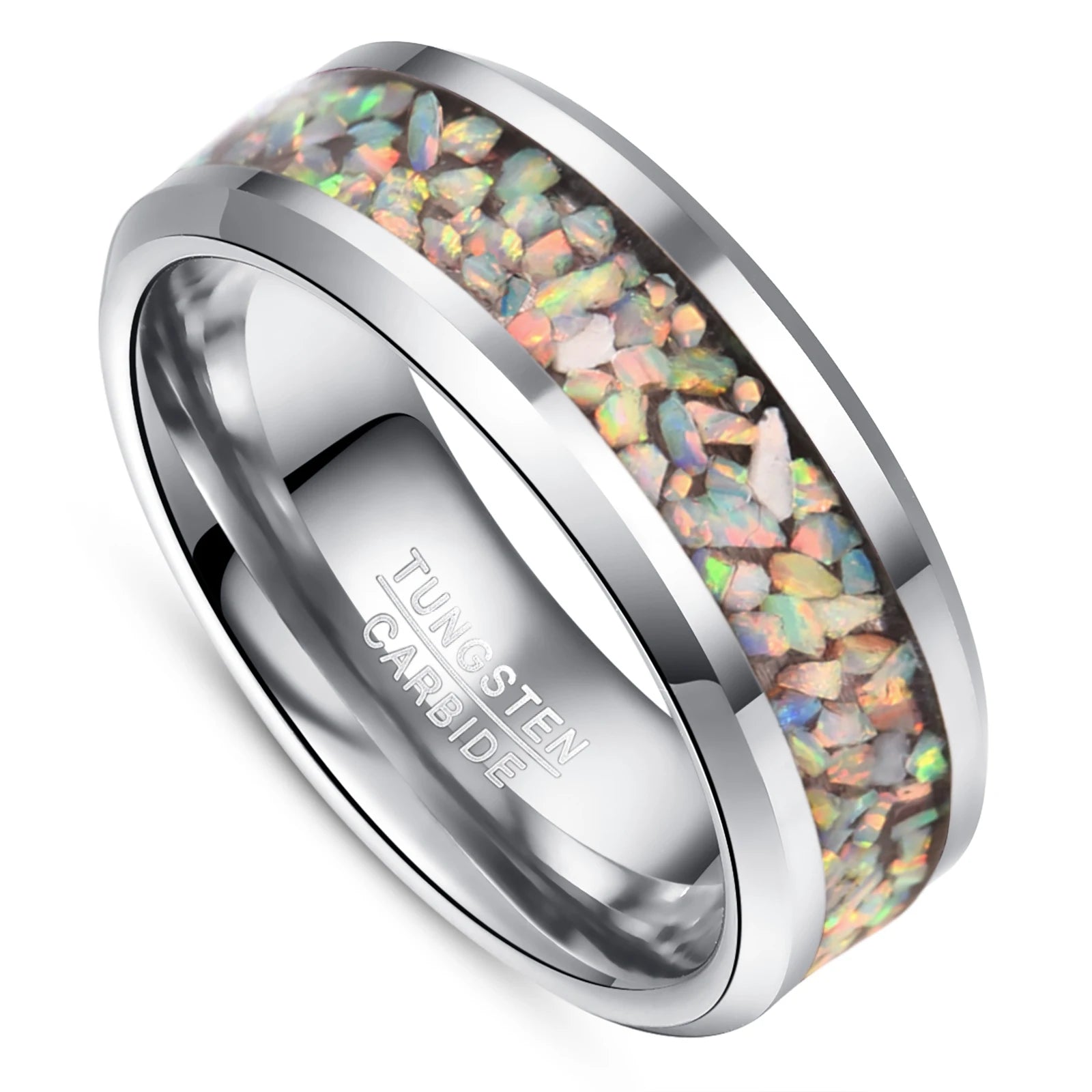 Men’s 8mm silver tungsten ring with comfort-fit, beveled edges, and a shimmering crushed opal inlay, adding a unique and colorful flair to this sleek design.