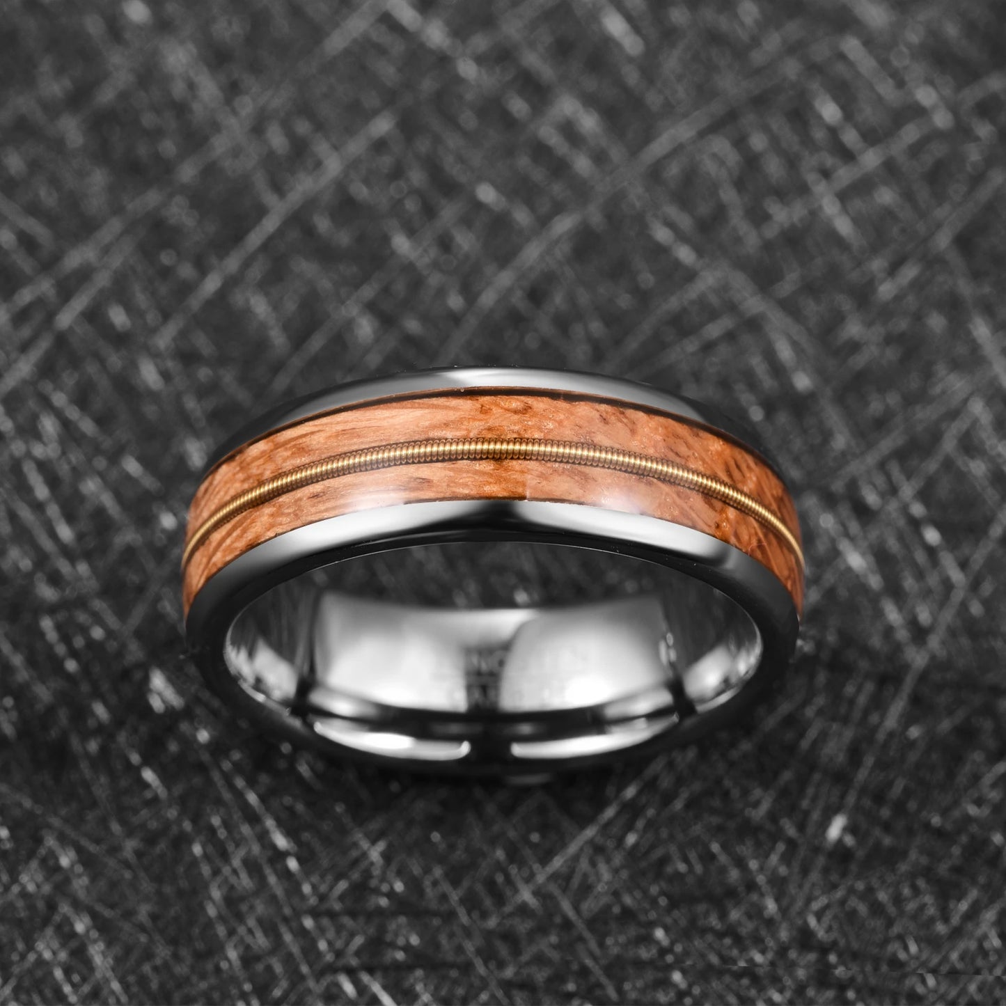 Men's 8mm whiskey barrel oak and guitar string ring in silver Tungsten, front view.