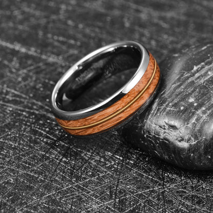 Men's 8mm whiskey barrel oak and guitar string ring in silver Tungsten, side view.