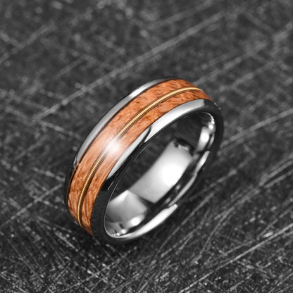 Men's 8mm whiskey barrel oak and guitar string ring in silver Tungsten, top view.