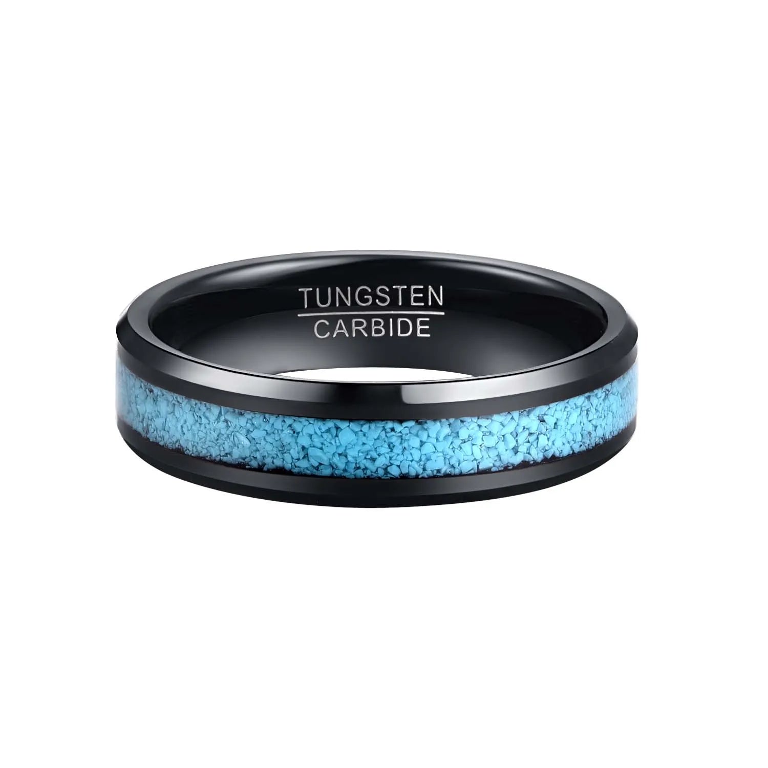 Mens Turquoise band with polished black Tungsten and beveled edges.