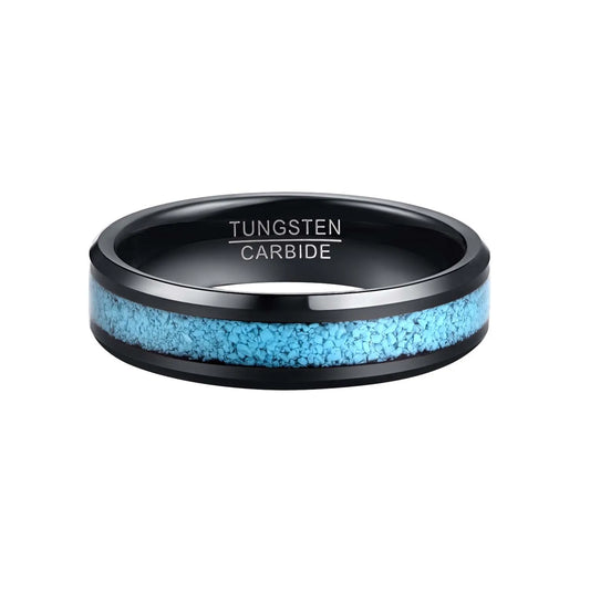 Mens Turquoise band with polished black Tungsten and beveled edges.