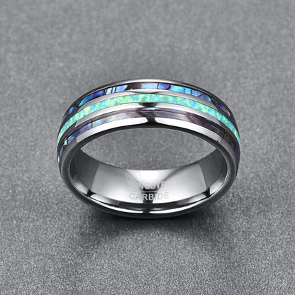 Mens abalone wedding band crafted with silver Tungsten with a comfort fit design.