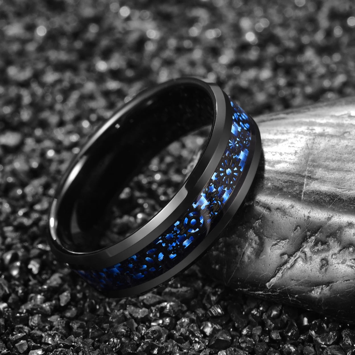 Men's black Tungsten ring with blue carbon fiber and cog inlay, side view