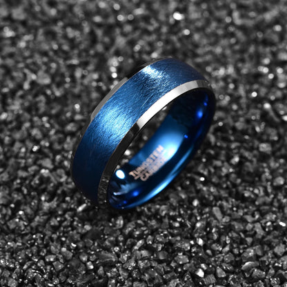 Mens blue tungsten ring with brushed finish and polished silver beveled edges, 8mm